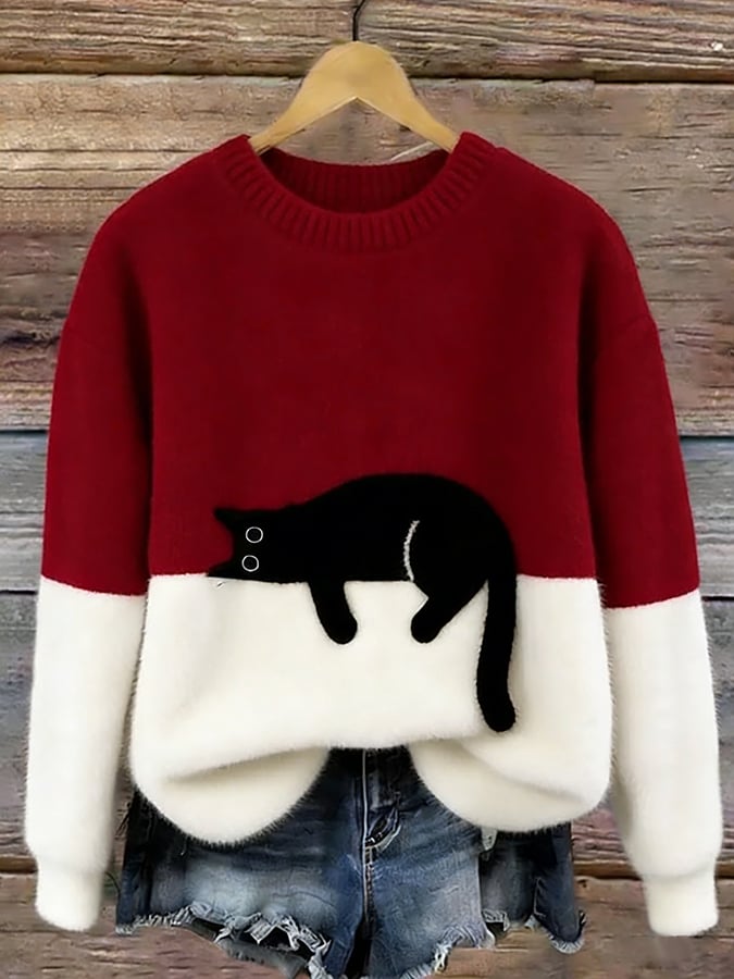 Women's Cotton-Blend Cat Graphic Pullover Sweater in Red