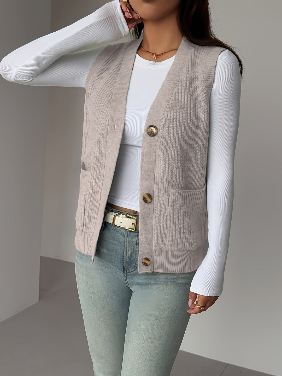 Women's Knit Vest, Button Front V Neck Sleeveless Sweater