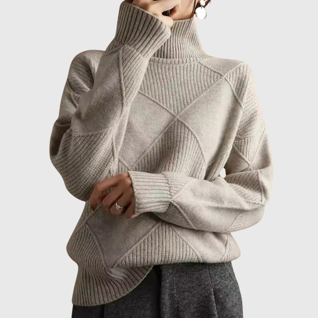 Women's Geometric Textured Knit Turtleneck Sweater in Gray