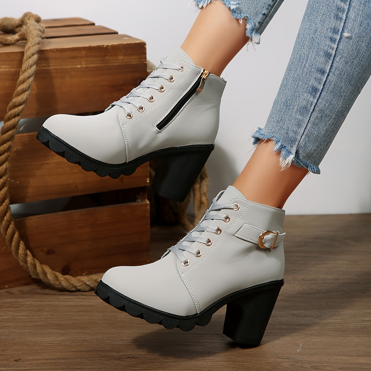 Women's Lace-Up Side-Zip Ankle Boots with Metallic Hardware, view 7
