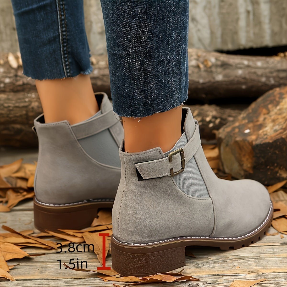 Women's Western Buckle Pull-On Ankle Boots with Lug Sole in Silvery Gray