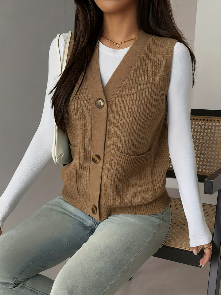 Women's Knit Vest, Button Front V Neck Sleeveless Sweater
