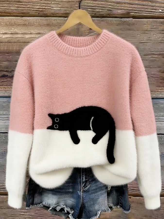 Women's Cotton-Blend Cat Graphic Pullover Sweater in Pink