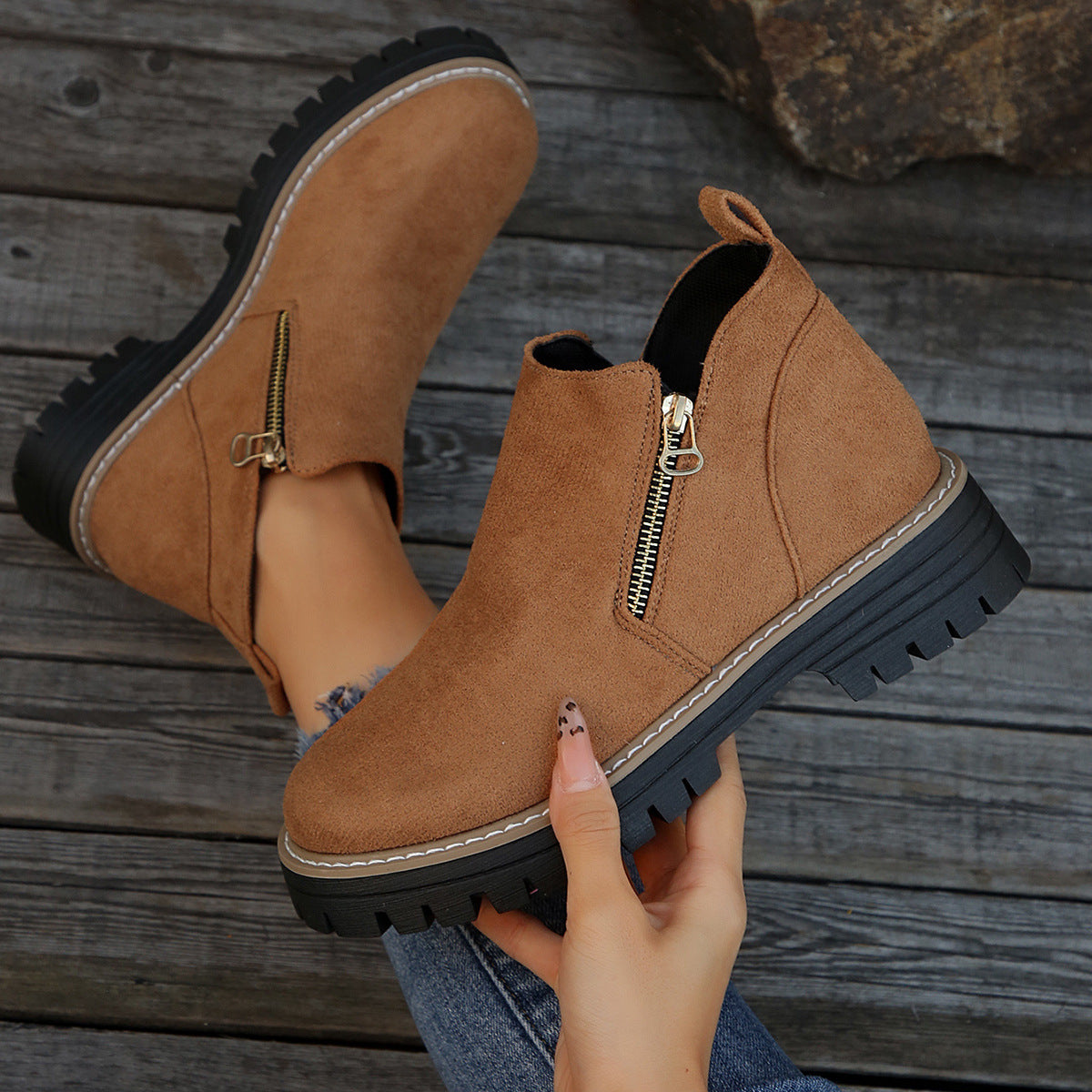 Women's Suede-Style Chunky Lug Platform Ankle Boots with Side Zip in Brown