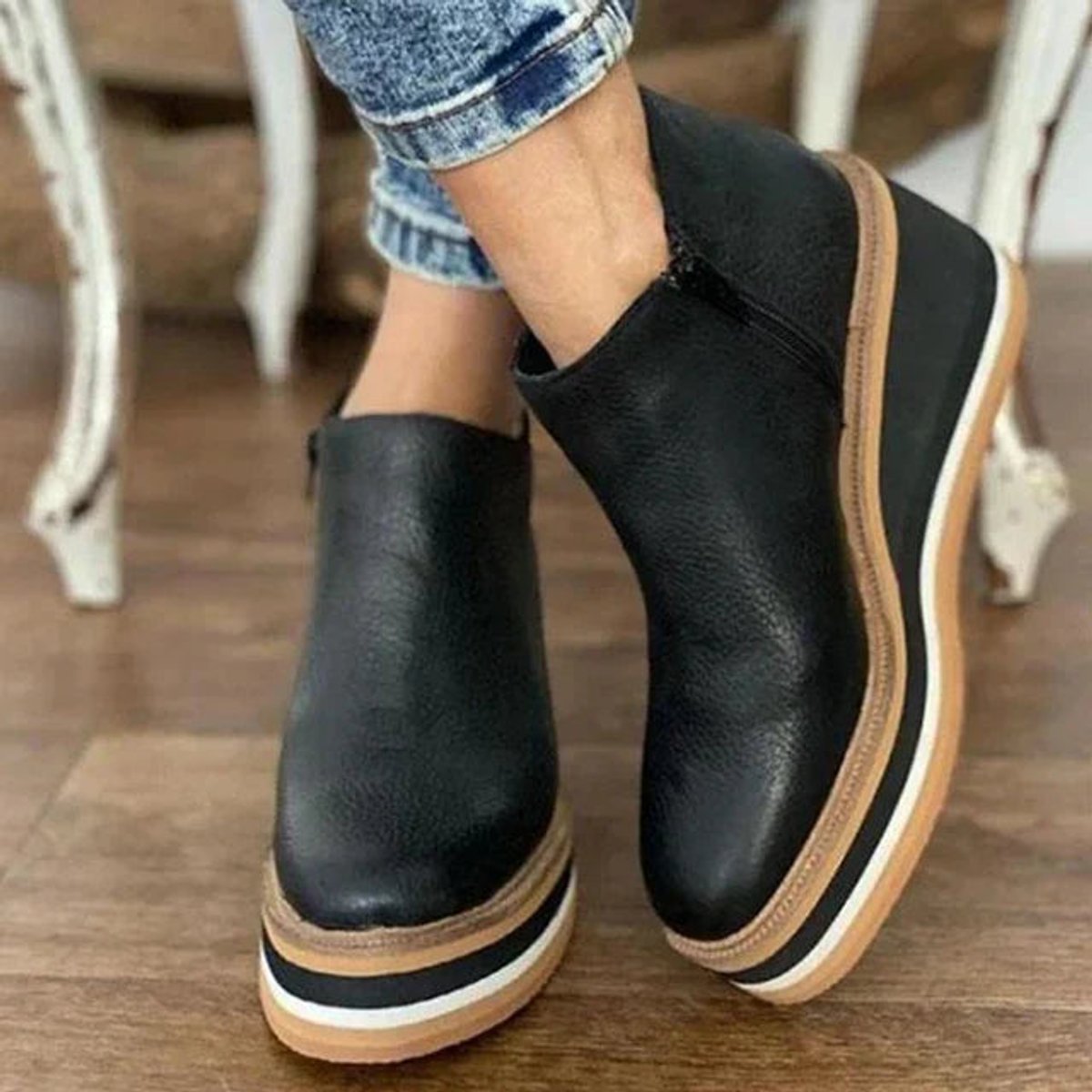 Women's Wedge Platform Zip-Up Ankle Boots with Rounded Toe in Black