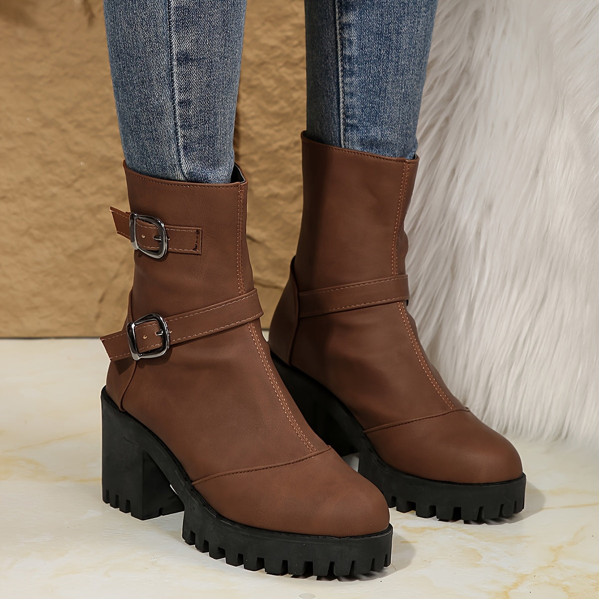 Women's Moto Double Buckle Strap Ankle Boots with Lug Sole, view 8