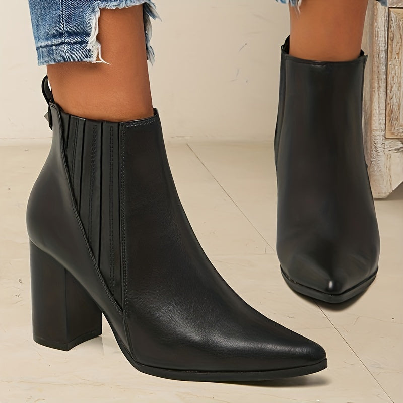 Women's Pointed Toe Pull-On Ankle Boots with Square Block Heel, view 5