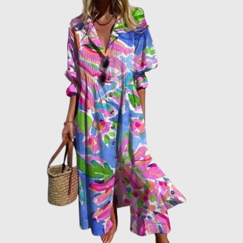 Women's Bohemian Print Flowy Maxi Beach Dress in Pink