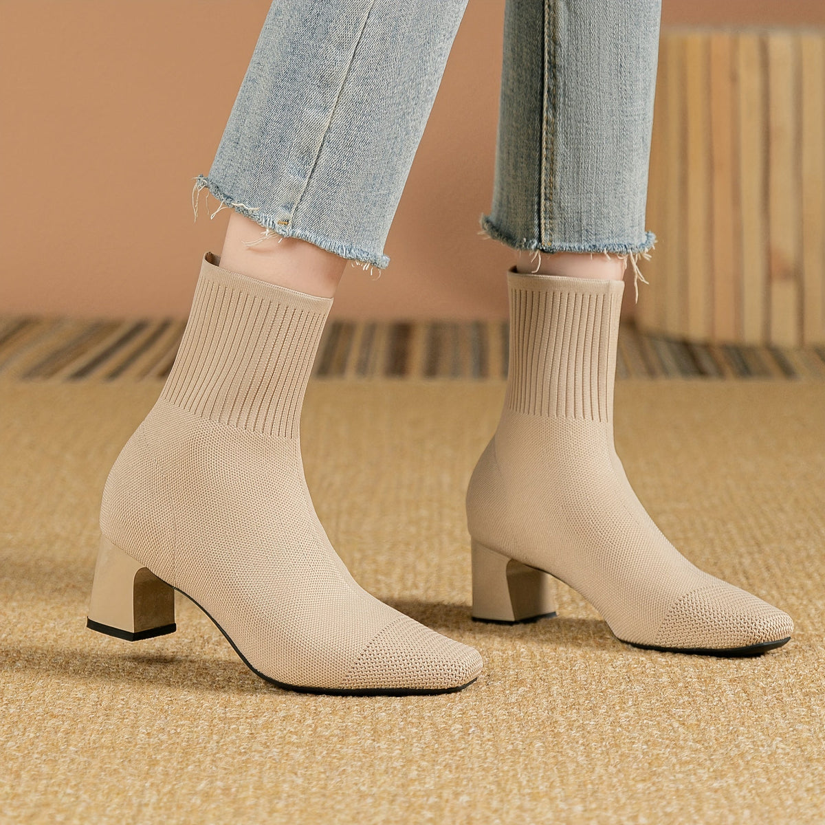Women's Stretch Knit Sock Ankle Boots with Square Toe and Block Heel in Beige