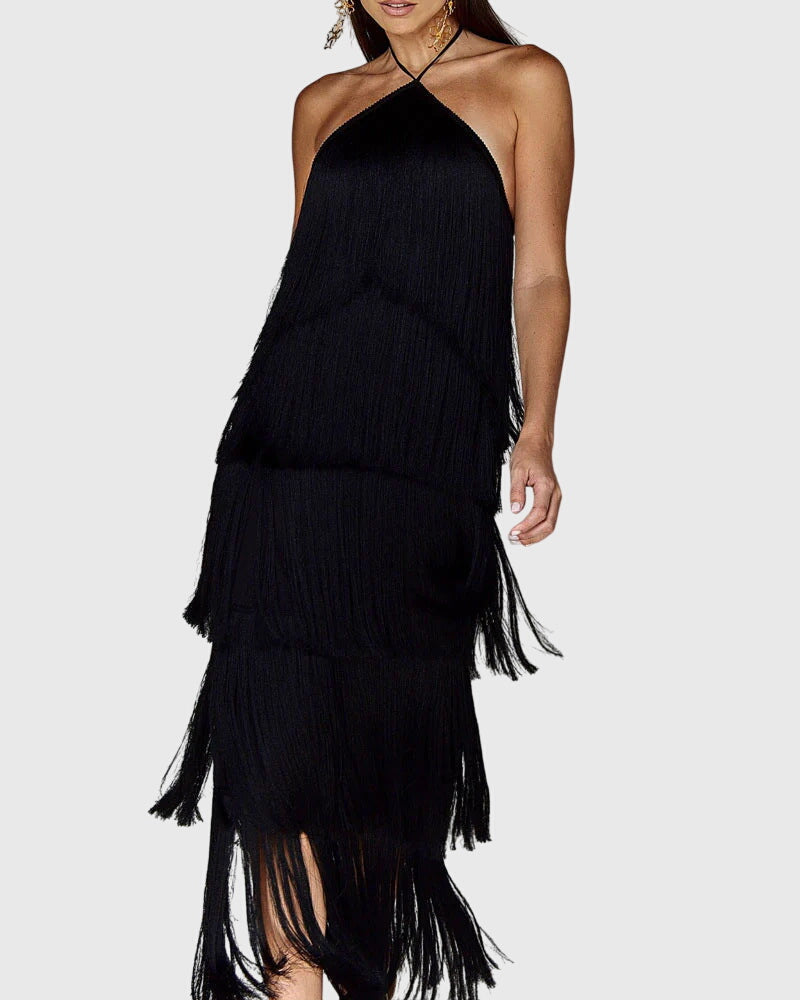Women's Halter Tassel Party Dress with Open Back in Black