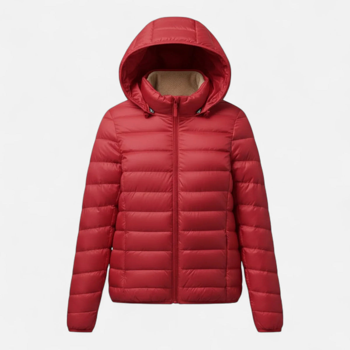 Women's Lightweight Hooded Puffer Jacket with Zip Pockets in Red