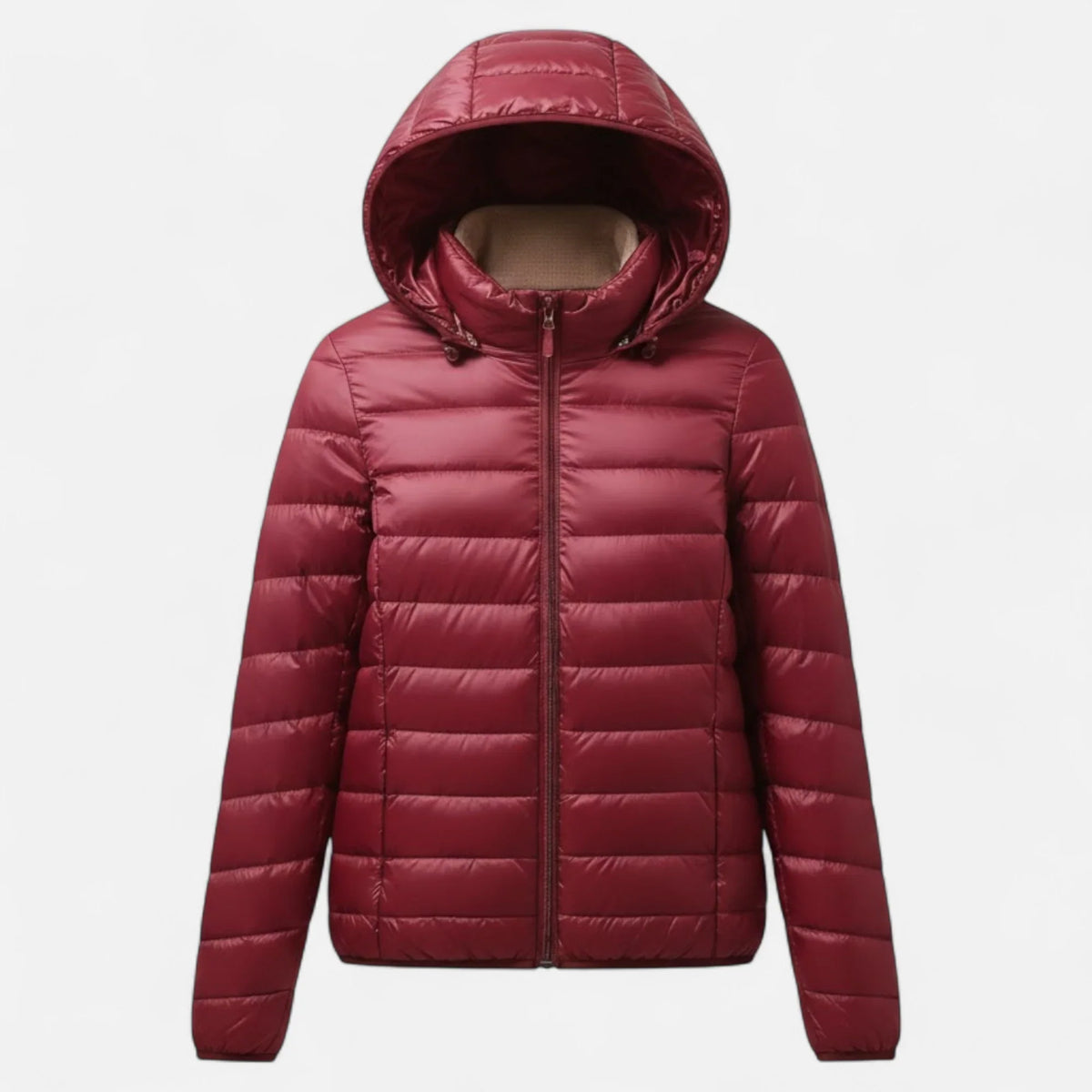 Women's Lightweight Hooded Puffer Jacket with Zip Pockets in Wine Red