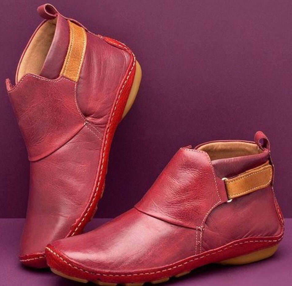 Women's Handstitched Leather Flat Ankle Boots with Adjustable Strap in Red