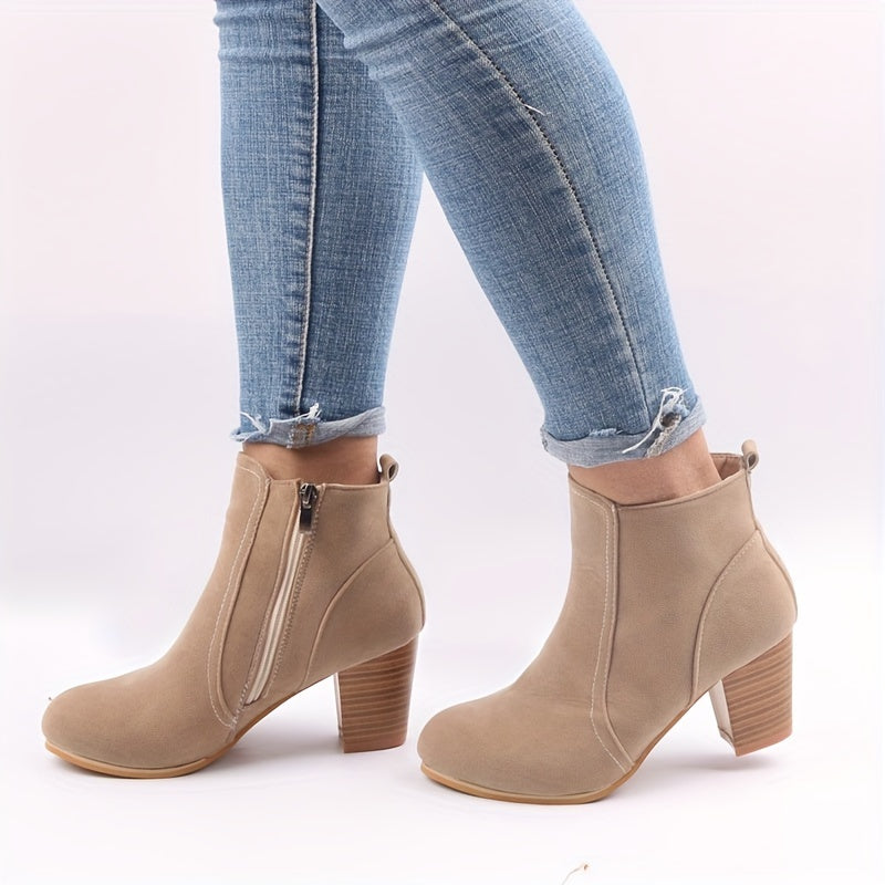 Women's Suede-Look Stacked Block Heel Side-Zip Ankle Boots, view 2