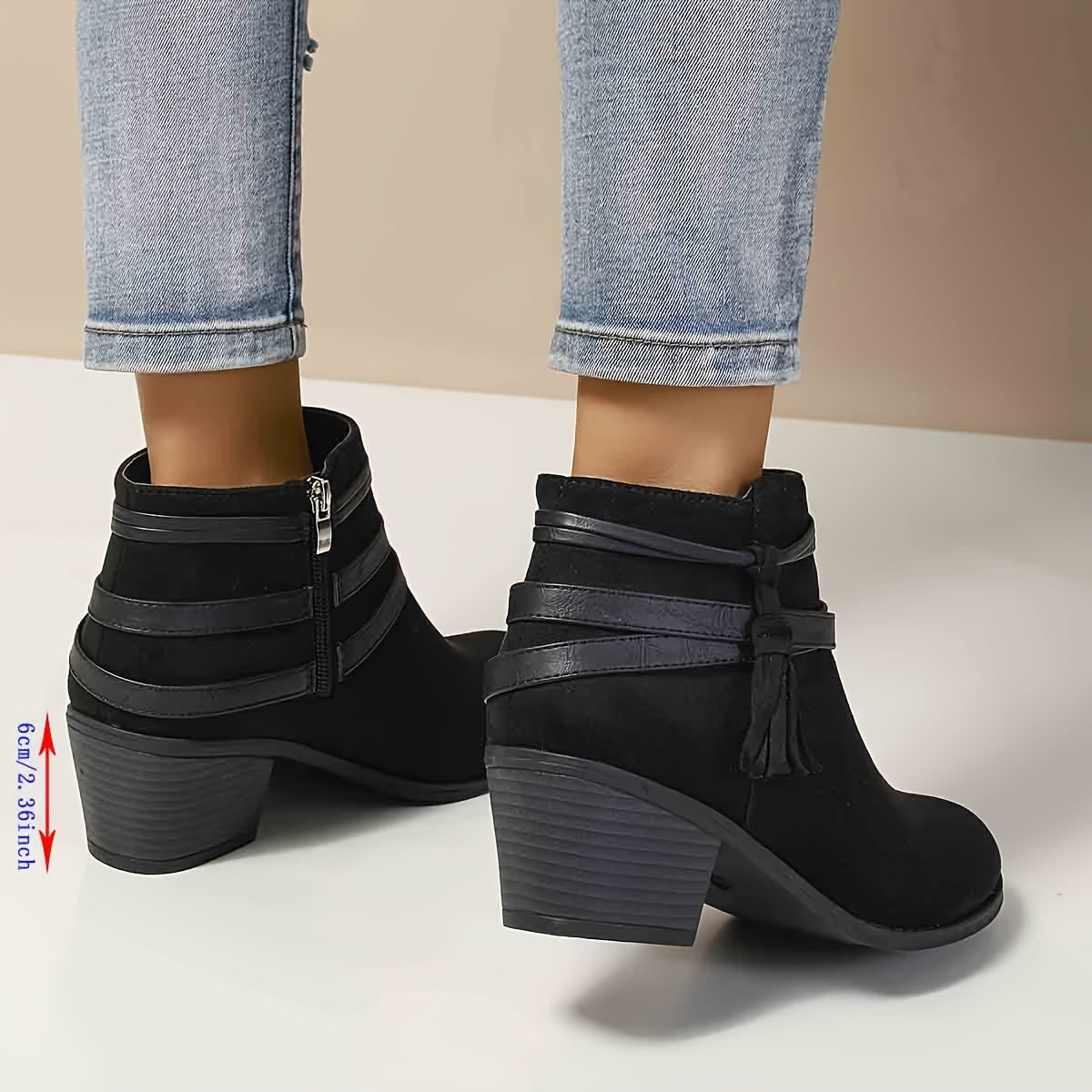 Women's Pointed Toe Tassel Wrap Ankle Boots with Block Heel, view 2