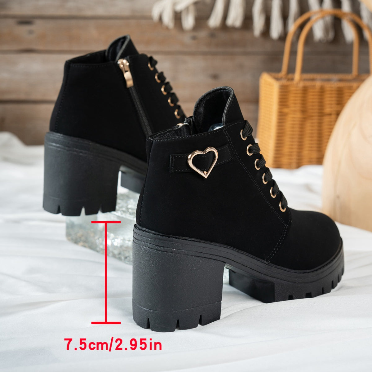 Women's Lace-Up Block Heel Ankle Boots with Heart Hardware, view 8
