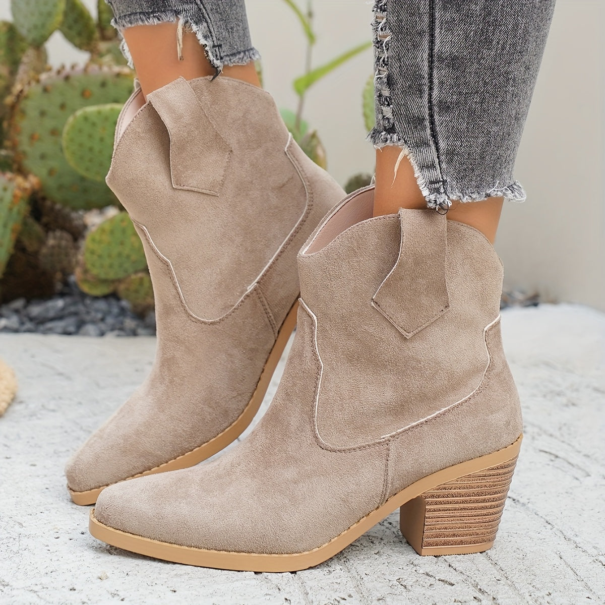 Women's Western Pointed Toe Chelsea Ankle Boots with Stacked Heel in Beige
