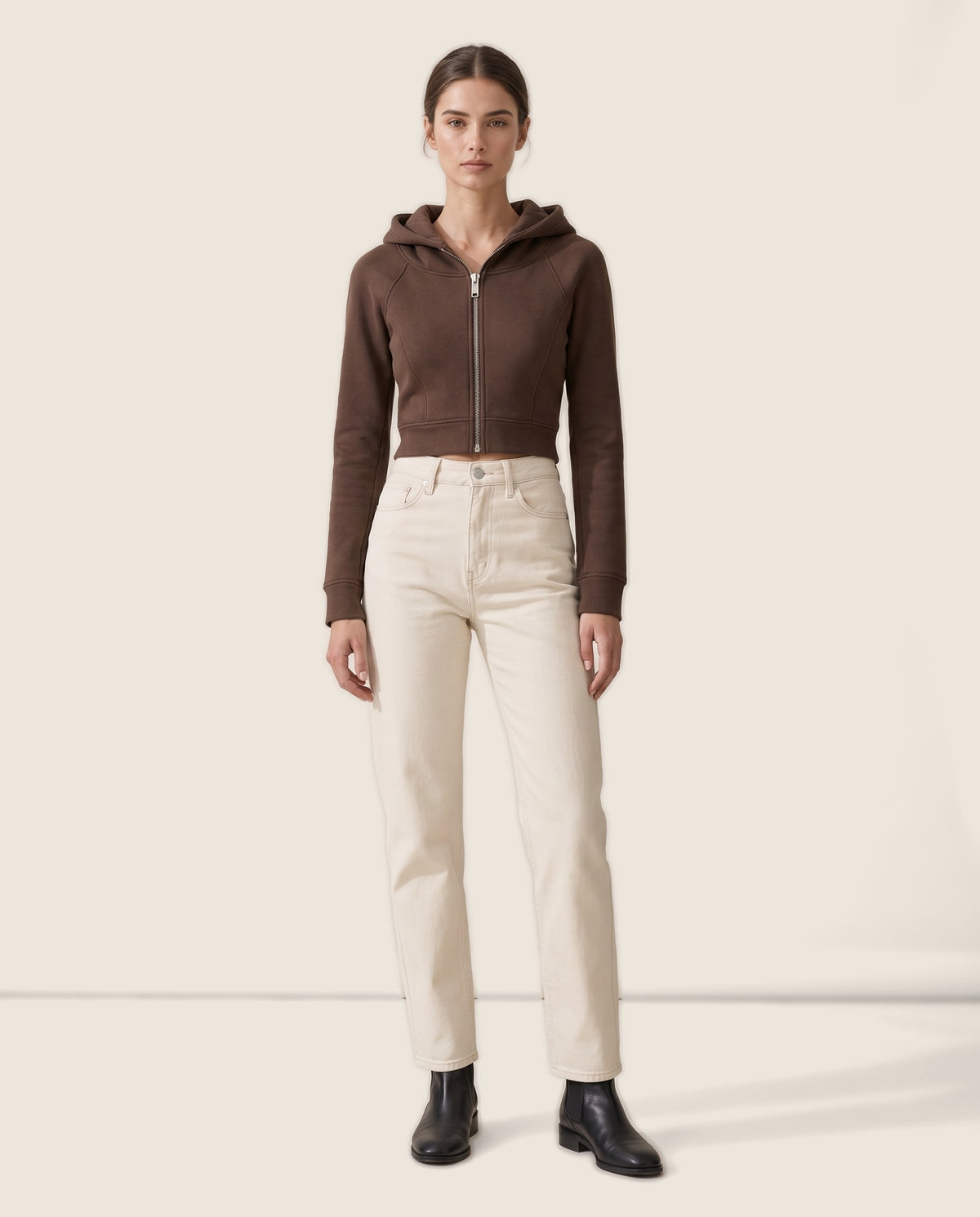 Double-Layer Hooded Zip Jacket — studio front