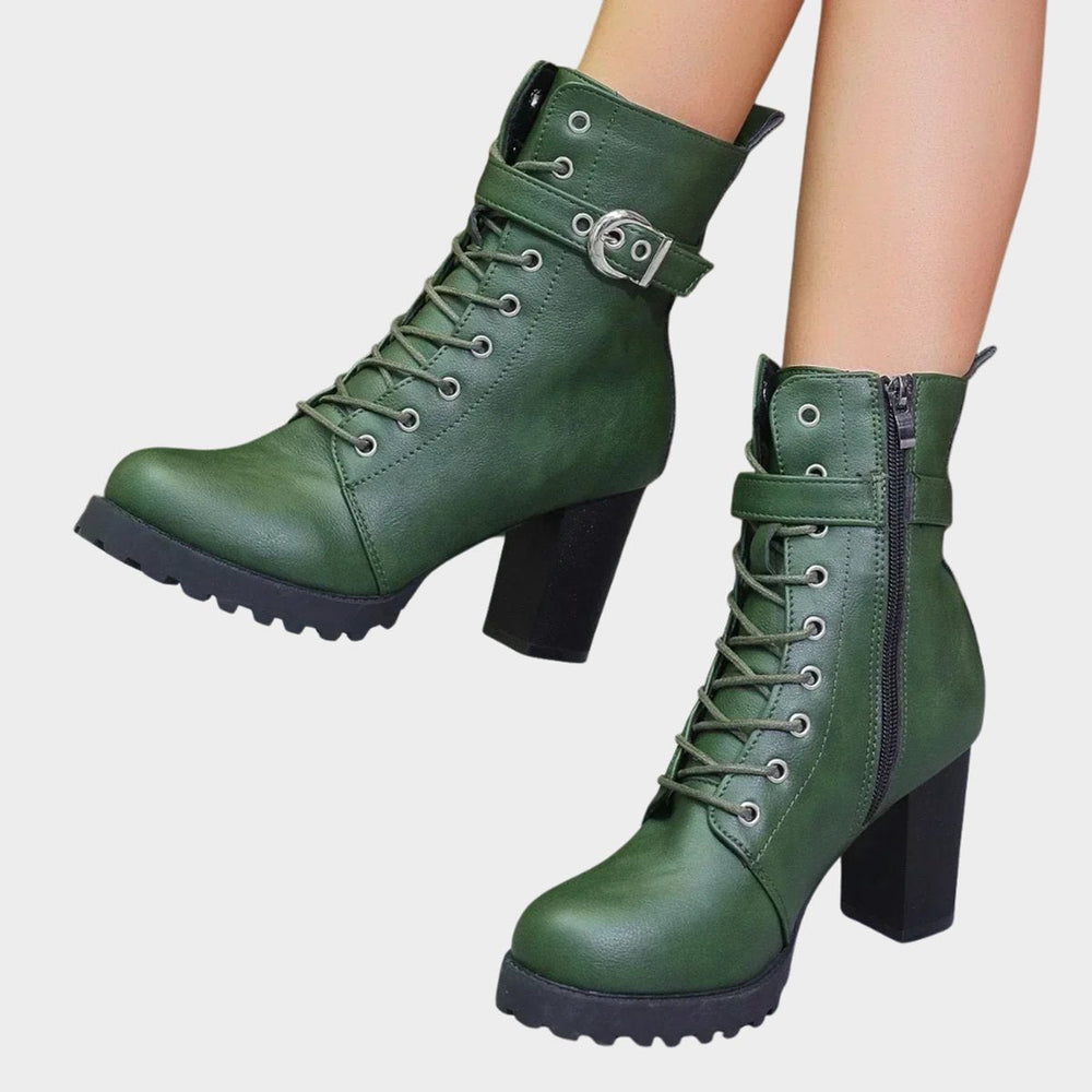 Women's Lug Sole Combat Ankle Boots with Metal Eyelets and Side Buckle in Green