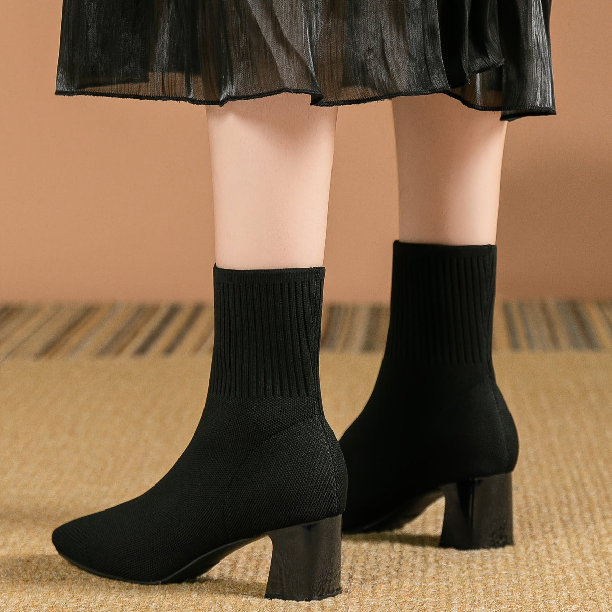 Women's Stretch Knit Sock Ankle Boots with Square Toe and Block Heel in Black