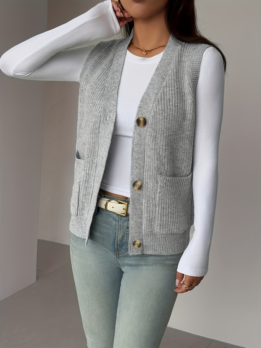 Women's Knit Vest, Button Front V Neck Sleeveless Sweater