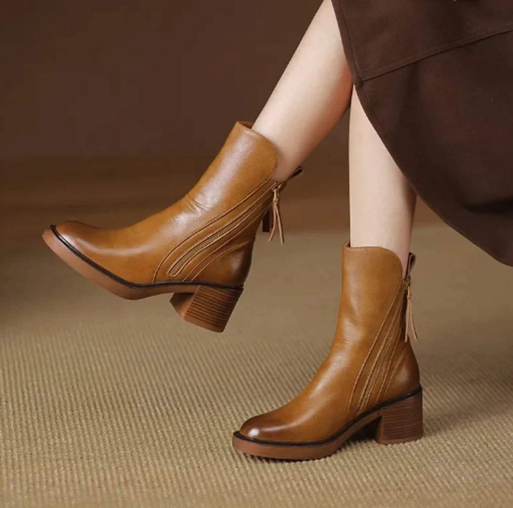 Women's Leather Block Heel Side-Zip Ankle Boots with Round Toe in Brown