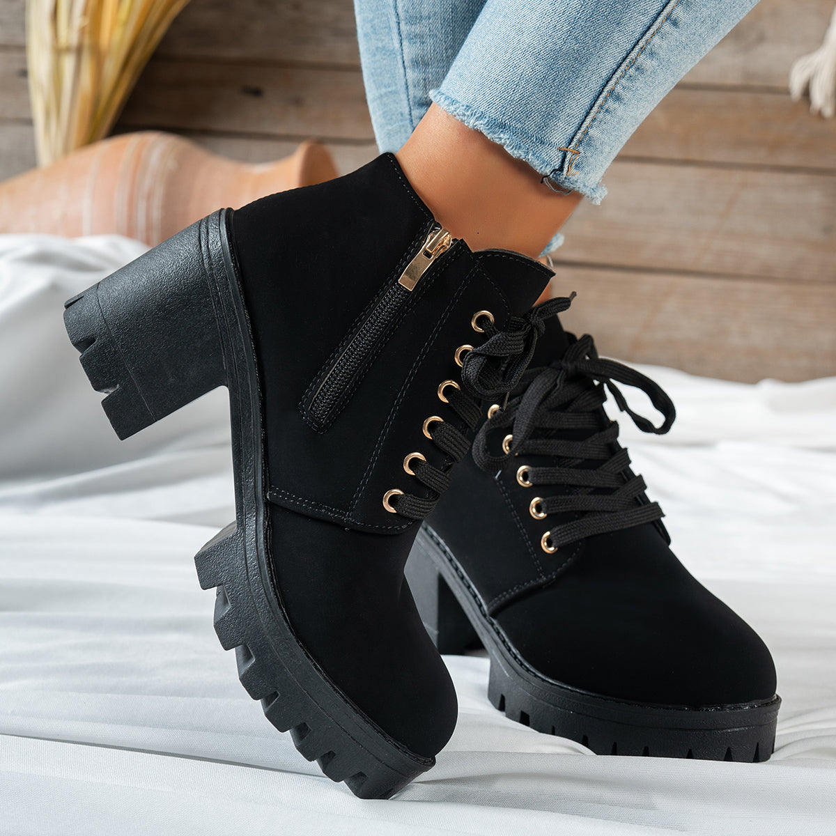 Women's Lace-Up Block Heel Ankle Boots with Heart Hardware in Black