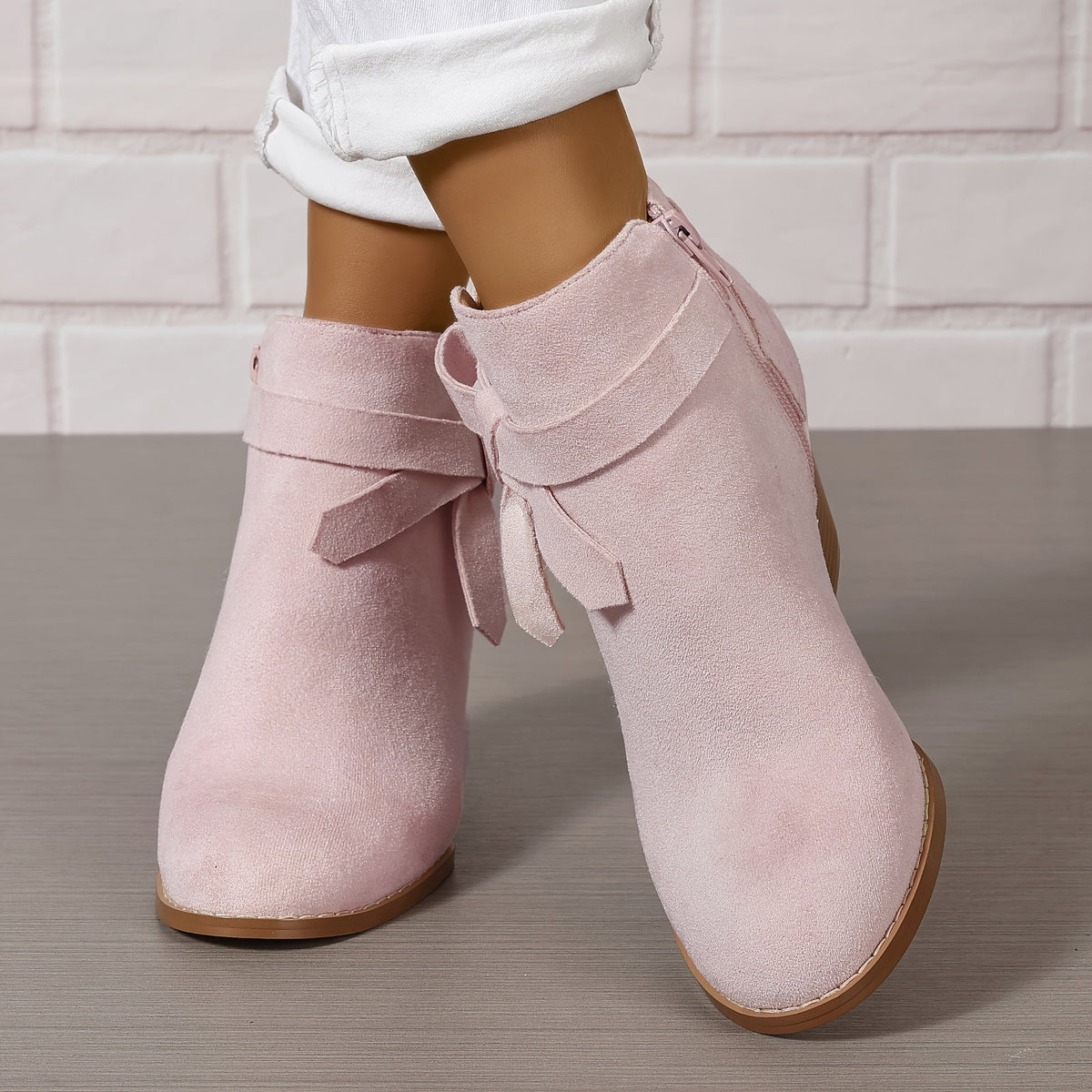 Women's Pointed Toe Ankle Boots with Rear Bow and Block Heel, view 6