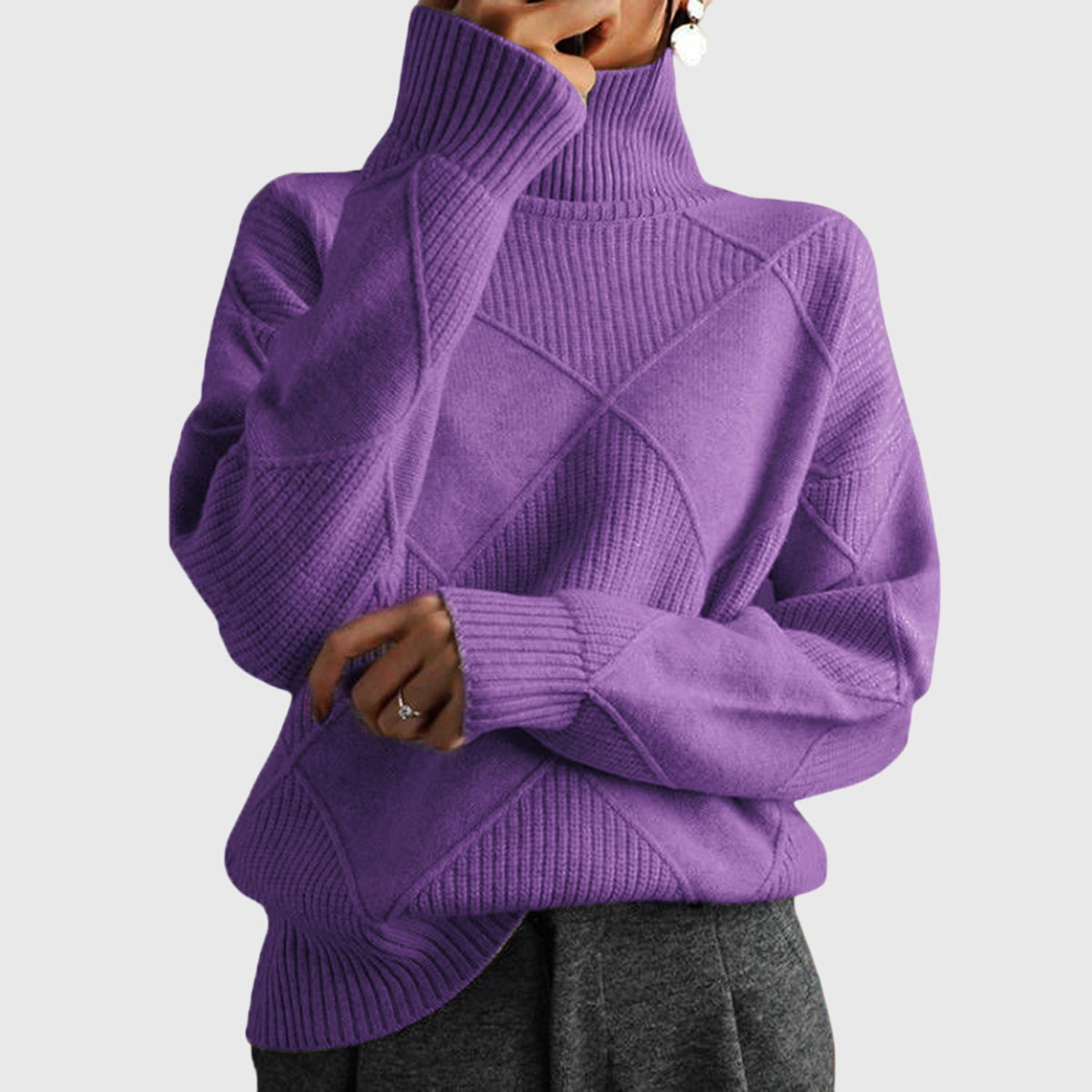 Women's Geometric Textured Knit Turtleneck Sweater in Purple