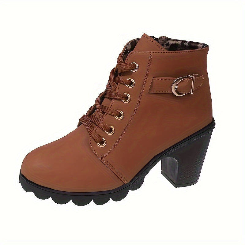 Women's Lug Sole Lace-Up Block Heel Ankle Boots with Side Zip in Light Brown