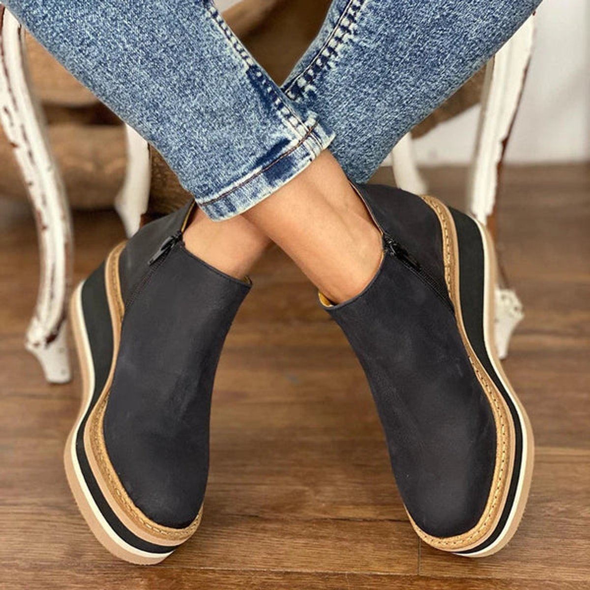 Women's Wedge Platform Zip-Up Ankle Boots with Rounded Toe, view 3