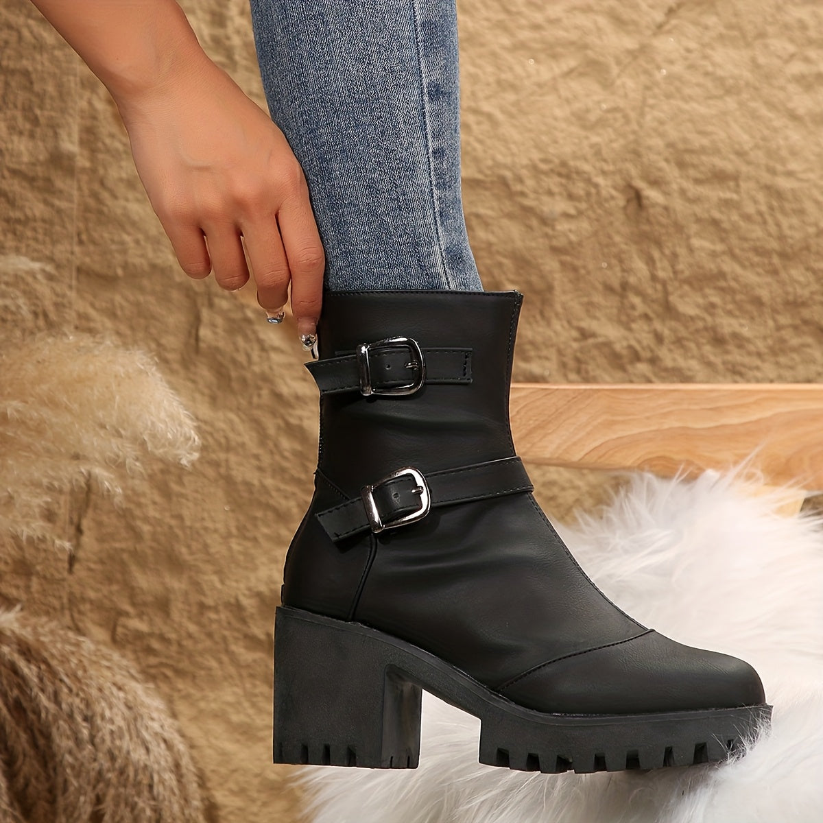 Women's Moto Double Buckle Strap Ankle Boots with Lug Sole, view 3