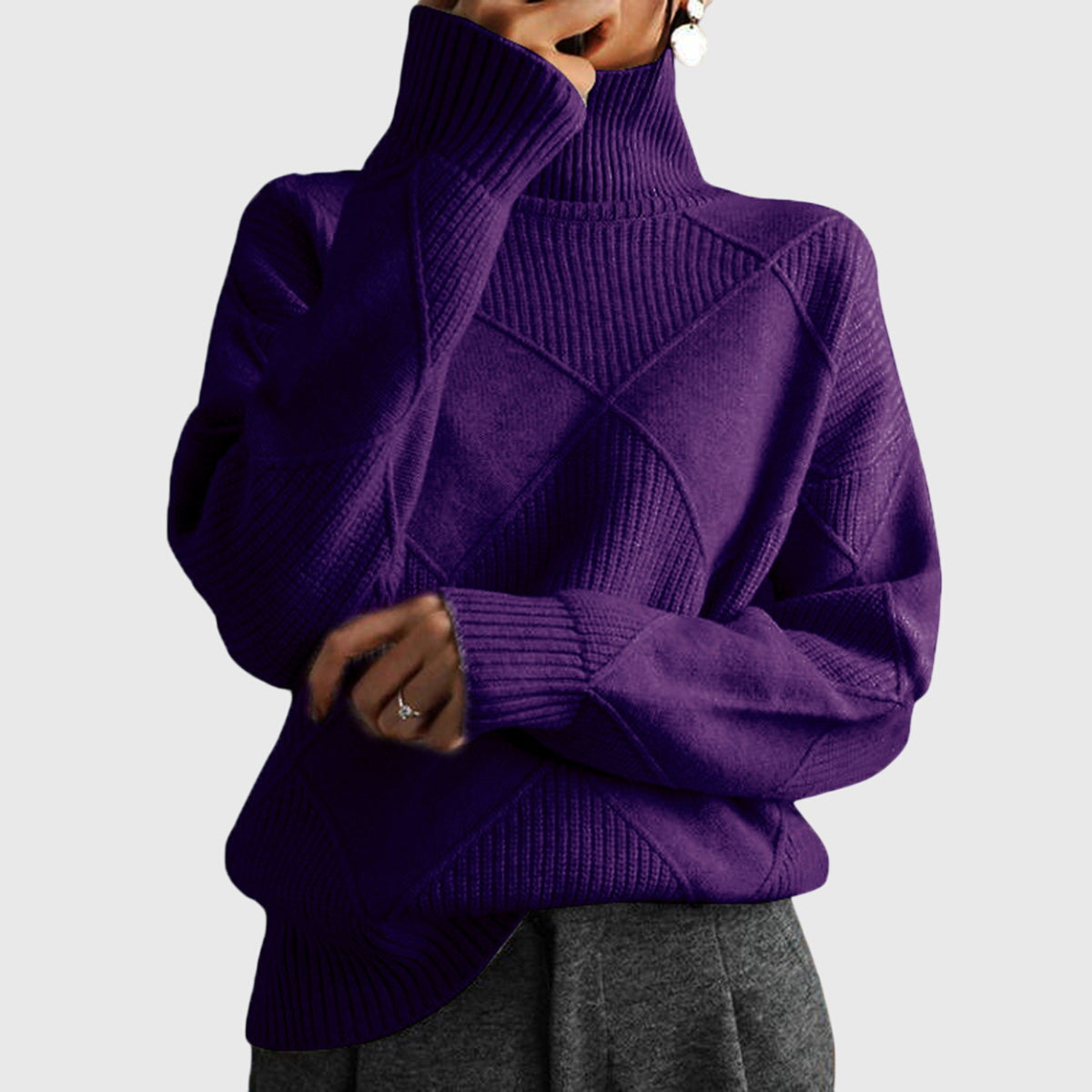 Women's Geometric Textured Knit Turtleneck Sweater in Violet