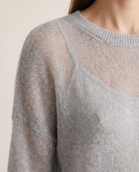 Women's Cashmere Silk Sweater — close-up of the airy cashmere-silk knit and ribbed crew neck