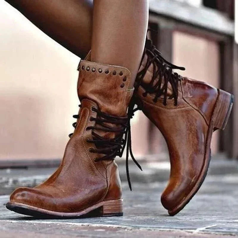 Women's Western Studded Ankle Boots with Wraparound Lacing in Brown