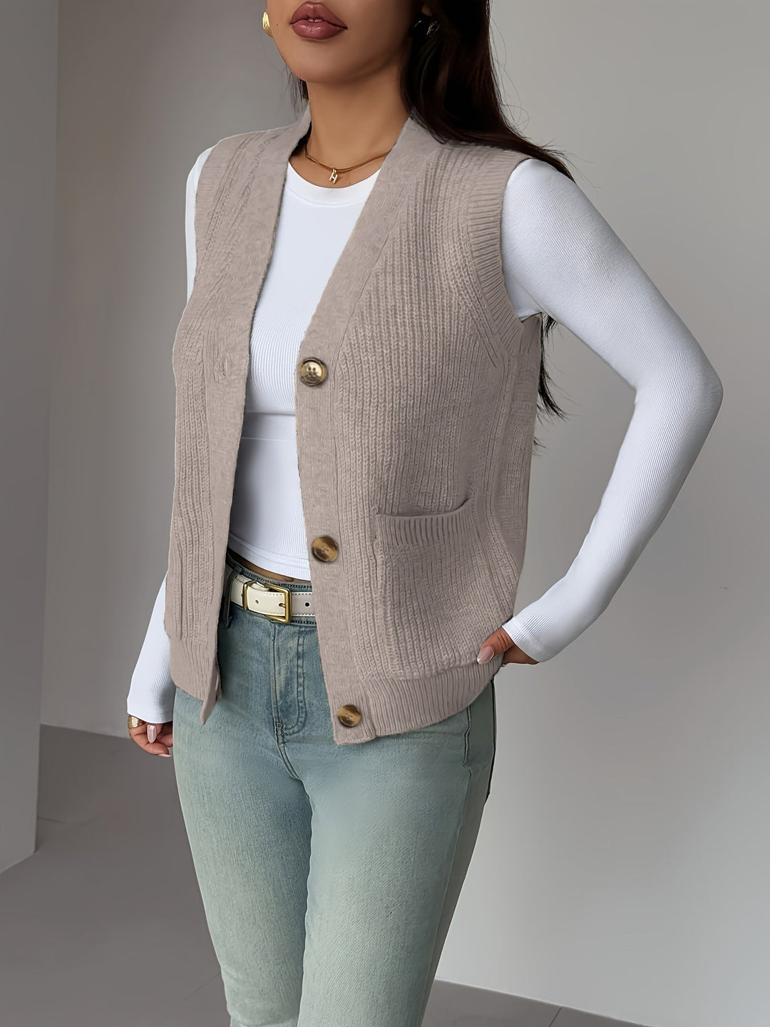 Women's Knit Vest, Button Front V Neck Sleeveless Sweater