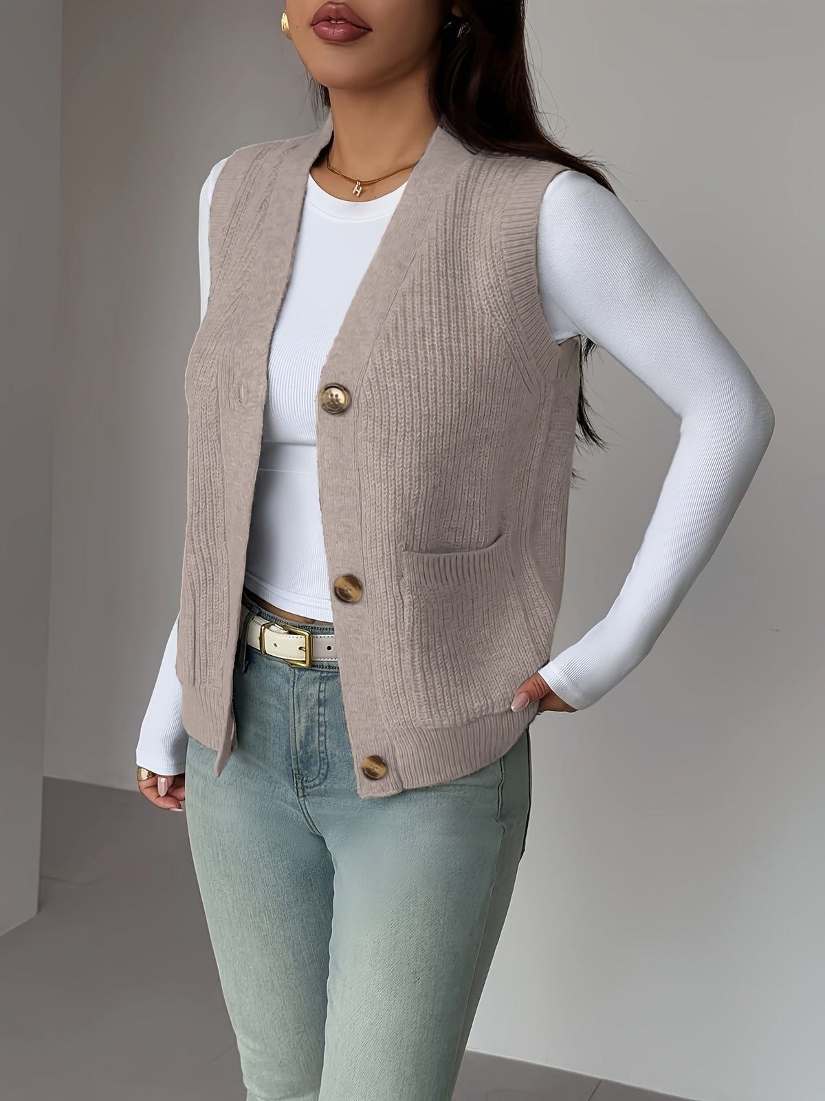 Women's Button-Front V-Neck Knit Sweater Vest, view 12