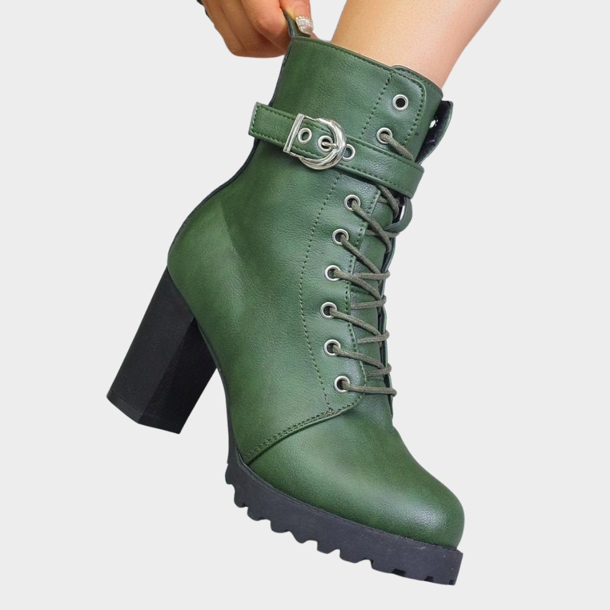 Women's Lug Sole Combat Ankle Boots with Metal Eyelets and Side Buckle, view 7
