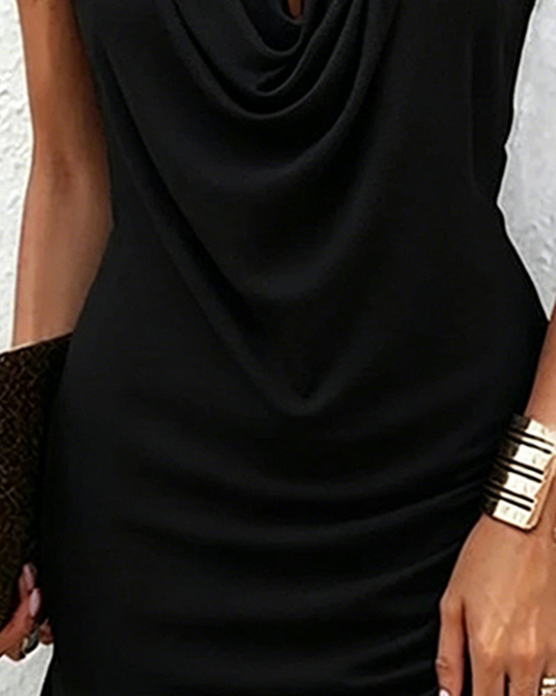 Women's Sleeveless Cotton-Blend Dress with Draped Collar, view 5