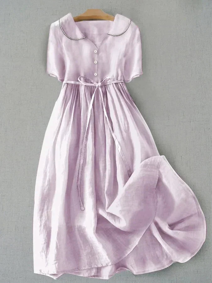 Women's Mid Sleeve Cotton Linen Midi Dress with Lace-Up Waist in Light Purple