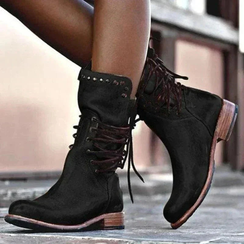 Women's Western Studded Ankle Boots with Wraparound Lacing in Black
