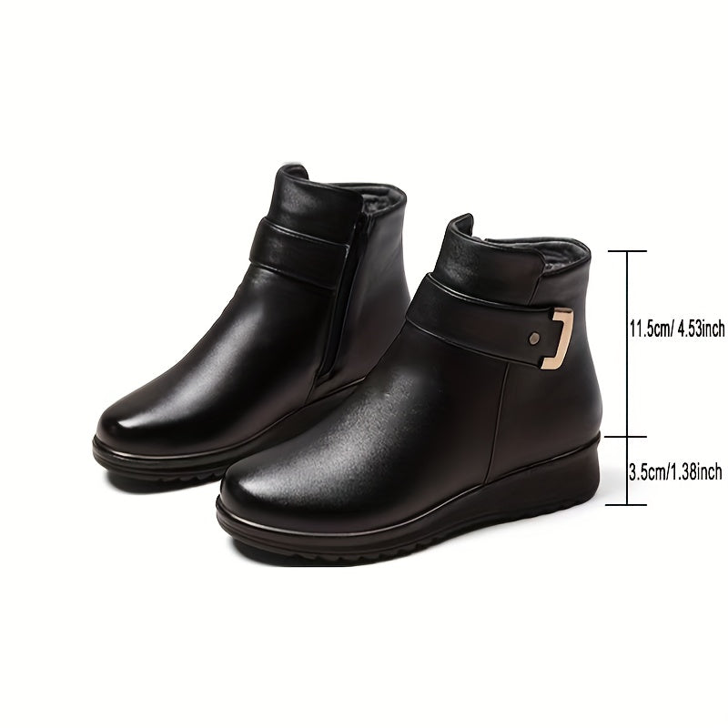 Women's Winter Ankle Boots, Buckle Strap Fleece Lined Flat Booties