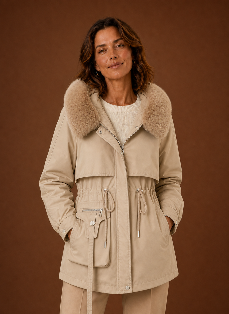 Women's Mid-Length Parka with Faux Fur Trimmed Hood in Beige