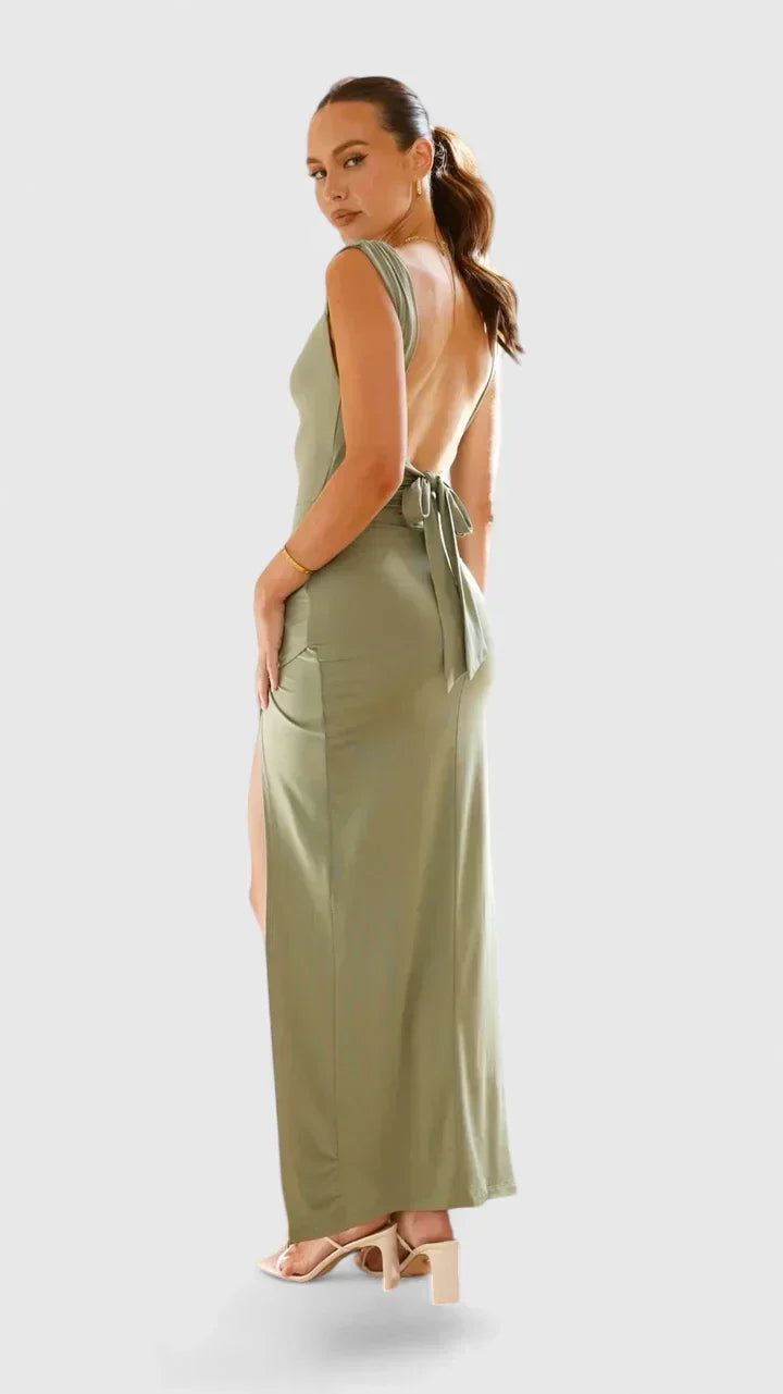 Women's Green High-Slit Maxi Dress with Gathered Straps, view 2