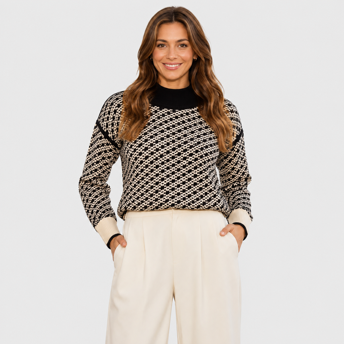 Women's Viscose Blend Stand Collar Sweater with Side Slits in Black