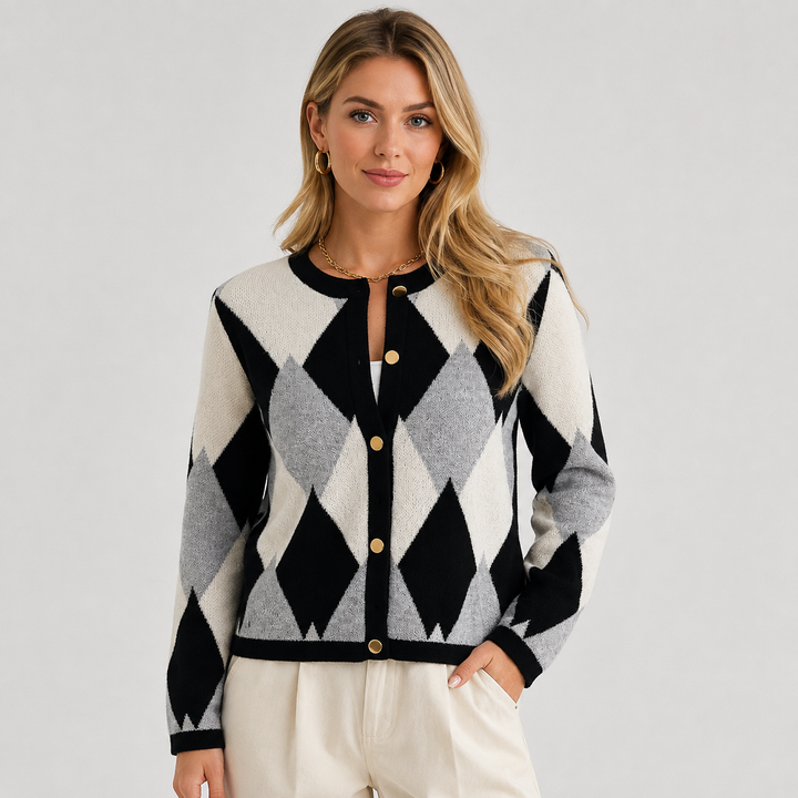 Women's Argyle Cardigan, Crew Neck Button Front Knit Sweater