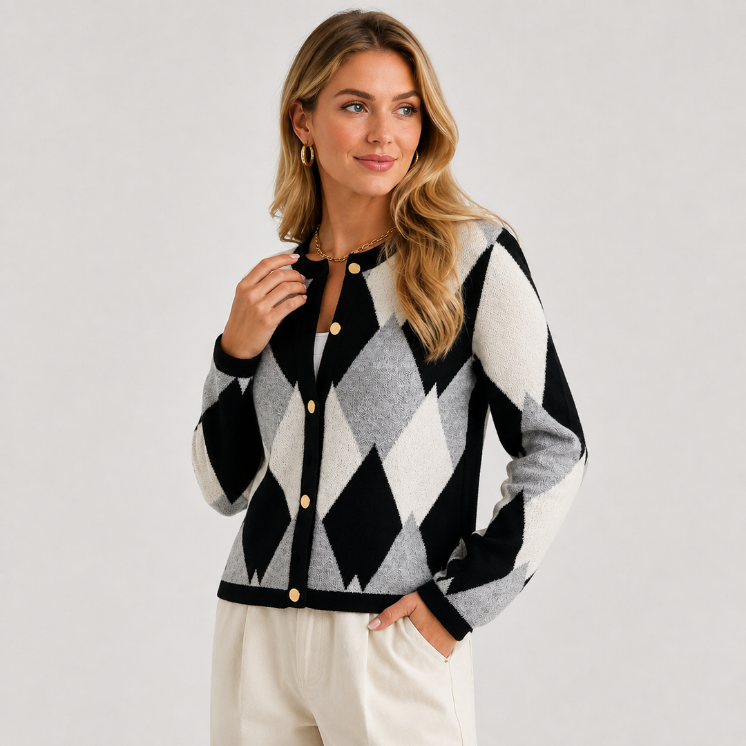 Women's Argyle Cardigan, Crew Neck Button Front Knit Sweater