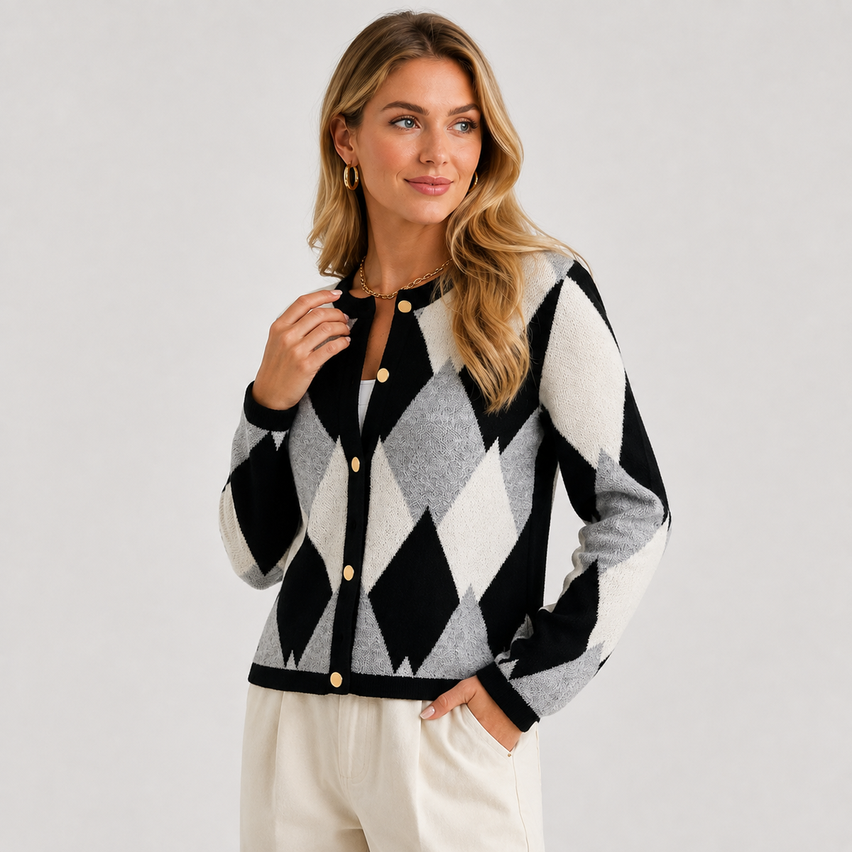 Women's Argyle Crew Neck Button-Front Cardigan, view 2