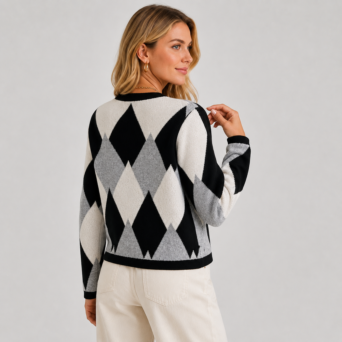 Women's Argyle Crew Neck Button-Front Cardigan, view 3