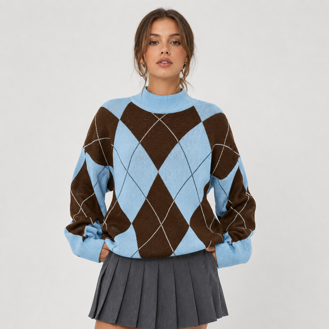 Women's Argyle Sweater, High Neck Color Block Knit Pullover